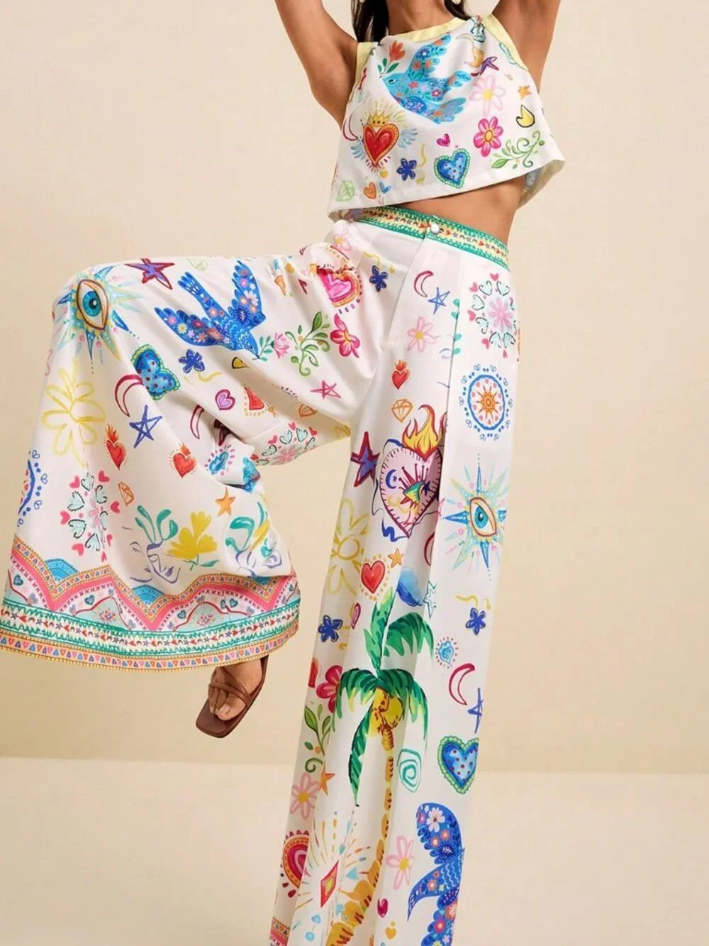 Multicolor Boho Women's Tropical Print Crop Top & Wide Leg Pants 2-Piece Set - Picture 6 of 9
